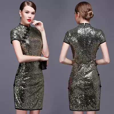 Lan Kwai Fong retro short-sleeved gold and silver bright slim-fit banquet wedding short cheongsam design boutique original