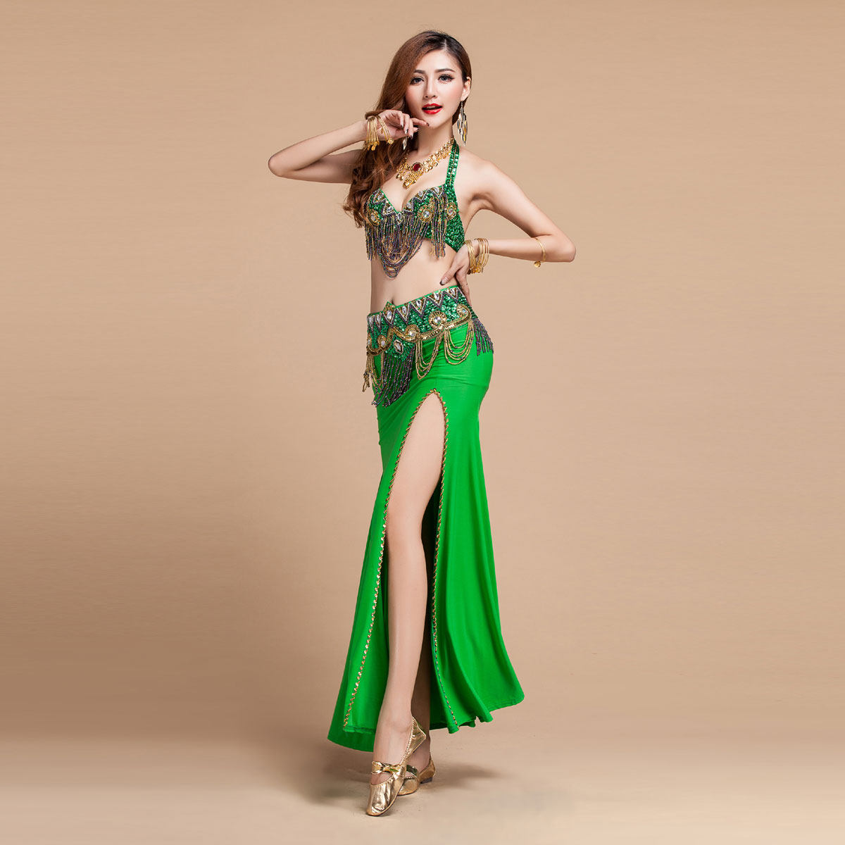 Nisha Belly Dance Costume 2021 New Practice Costume High-grade Mountain Line Bra Bead Embroidery Set Performance Suit