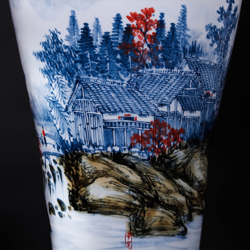 Jingdezhen ceramic hand - made under high temperature and glaze color blue and white landscape sitting room big furnishing articles household geomantic ground vase