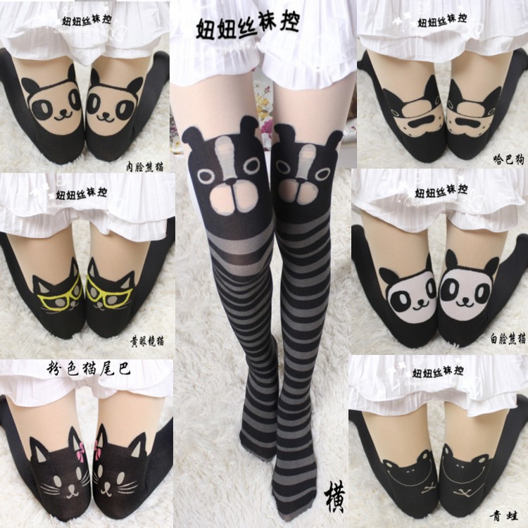 Day-series cartoon pattern jacquard fake high cylinder splicing beating bottom socks with pantyhose false tattoos tattooed green silk stockings-Taobao