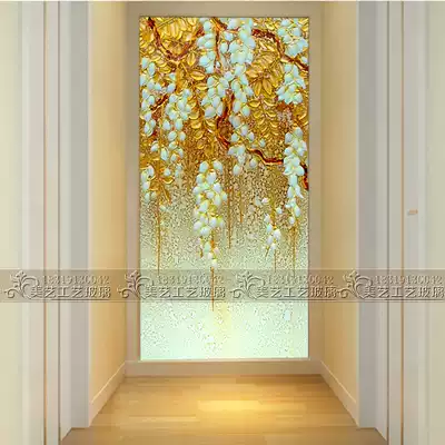Art glass entrance aisle deep carving craft gold foil craft screen glass background wall stacked Green Gold