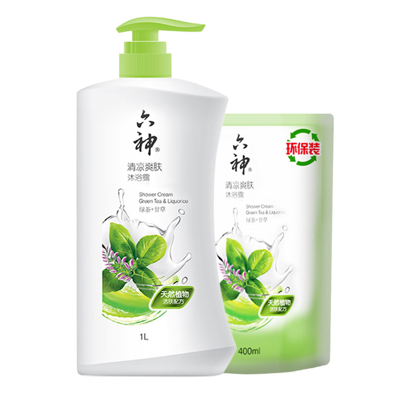 六神清凉爽肤沐浴露沐浴乳1000ml送400ml补充装绿茶+甘草深层清洁