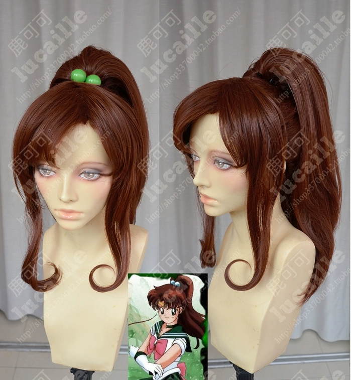 Sailor Moon Kino Makoto Brown High Ponytail Maid Maid Cosplay Cho Green Candy Ball Cos Tóc giả - Cosplay