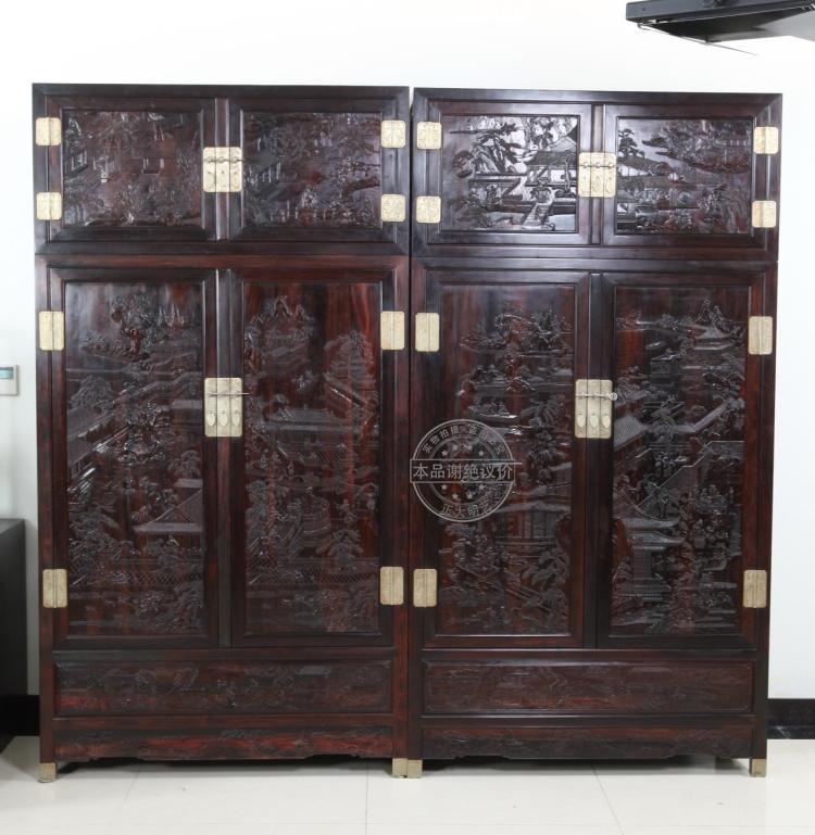 Zhengda Ming art classical furniture Indian small leaf red sandalwood carving landscape top cabinet bedroom storage cabinet solid wood clothing