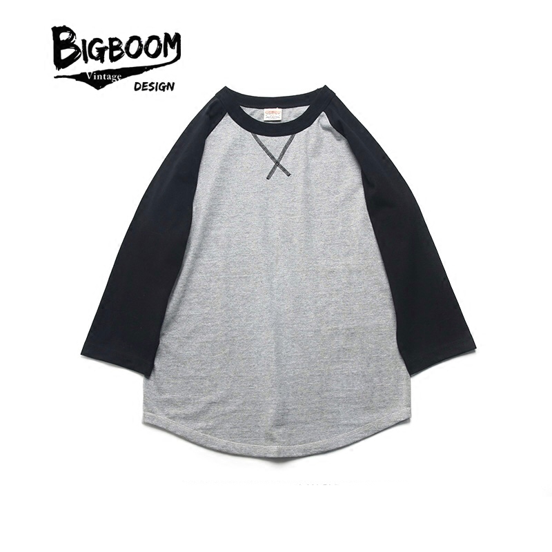 BIGBOOM 重磅厚实美式滑板风纯色基础款插肩7分袖T恤
