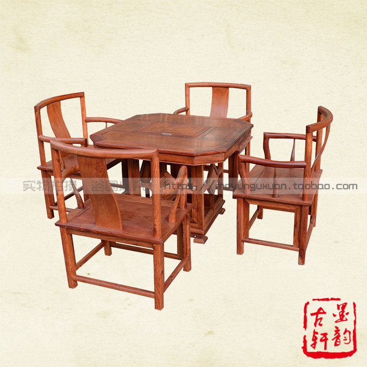 Burmese rosewood square tea table Daguo red sandalwood tea table Solid wood Kung Fu tea table Mahogany dining table five-piece set