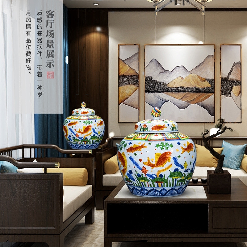 Jingdezhen ceramics imitation Ming vase sitting room home decoration furnishing articles hand - made pastel archaize fish algae general grain tank
