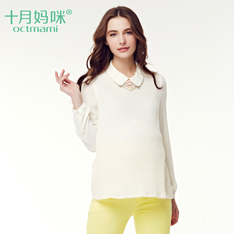 十月妈咪2015孕妇装春装打底衫 时尚孕妇针织衫 雪纺拼接孕妇上衣