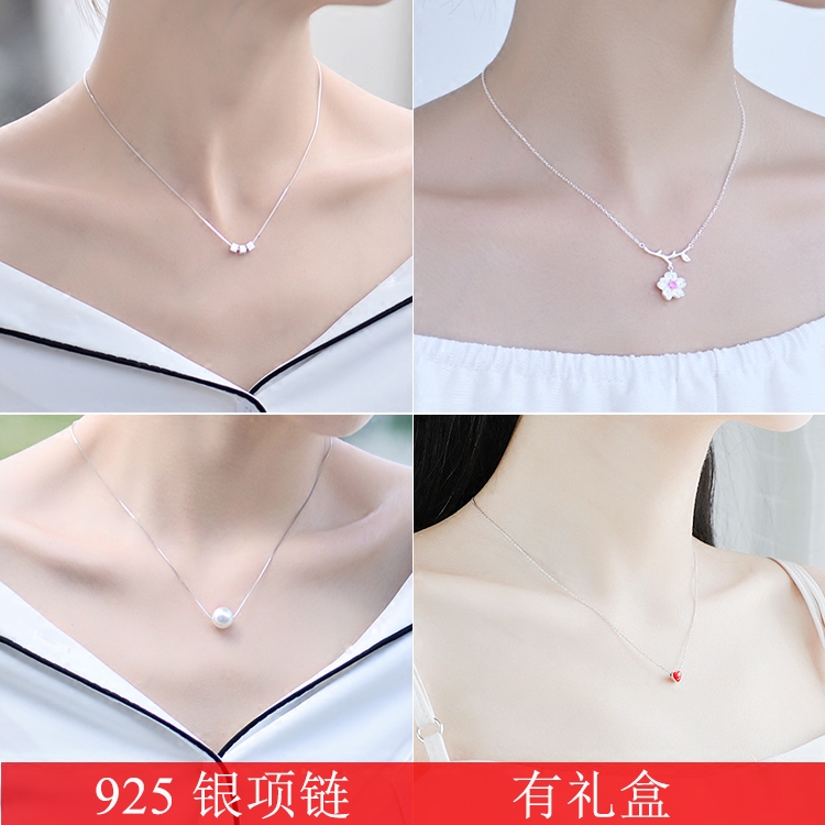 925 sterling silver square necklace Korean version cherry blossom pendant Clavicle chain Female simple necklace Student gift accessories trend