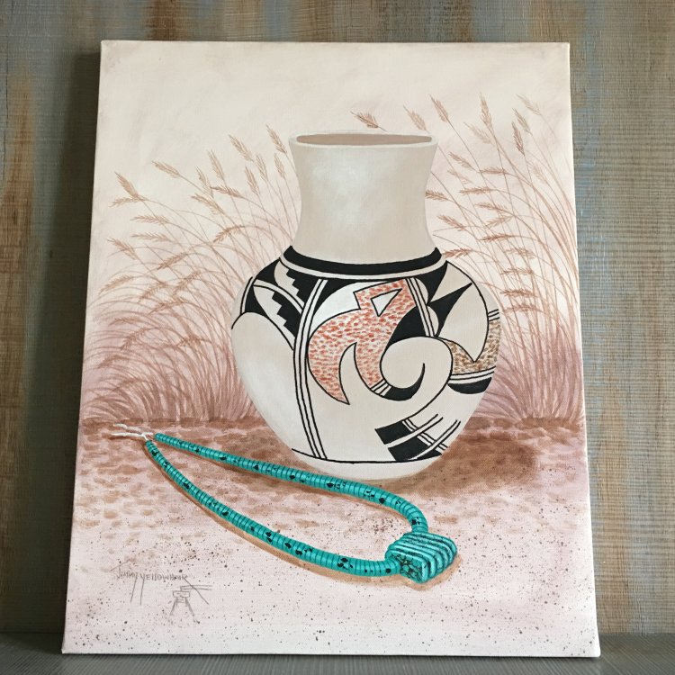 North American Hopi Indian Tribal Pottery Turquoise Scene Large Wooden Frame Canvas Painting