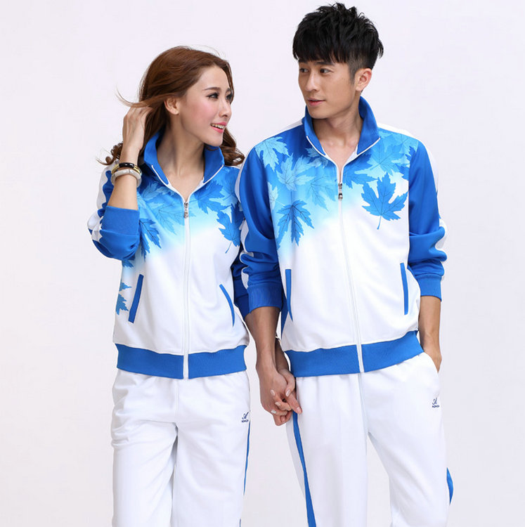 Two thick sets of male and female Spring and Autumn Maple Leaf long sleeve sports suit Omida South Korean Silk Gamus fitness fitness