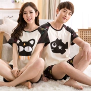 Mùa hè mặc đồ nữ cotton hoạt hình kích thước lớn vài bộ đồ ngủ nam mèo ngắn tay ăn cá Han phục vụ nhà