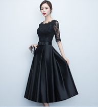 Evening gown 2022 new black middle long section Body Thin short Banquet Small Gown to host the gown woman