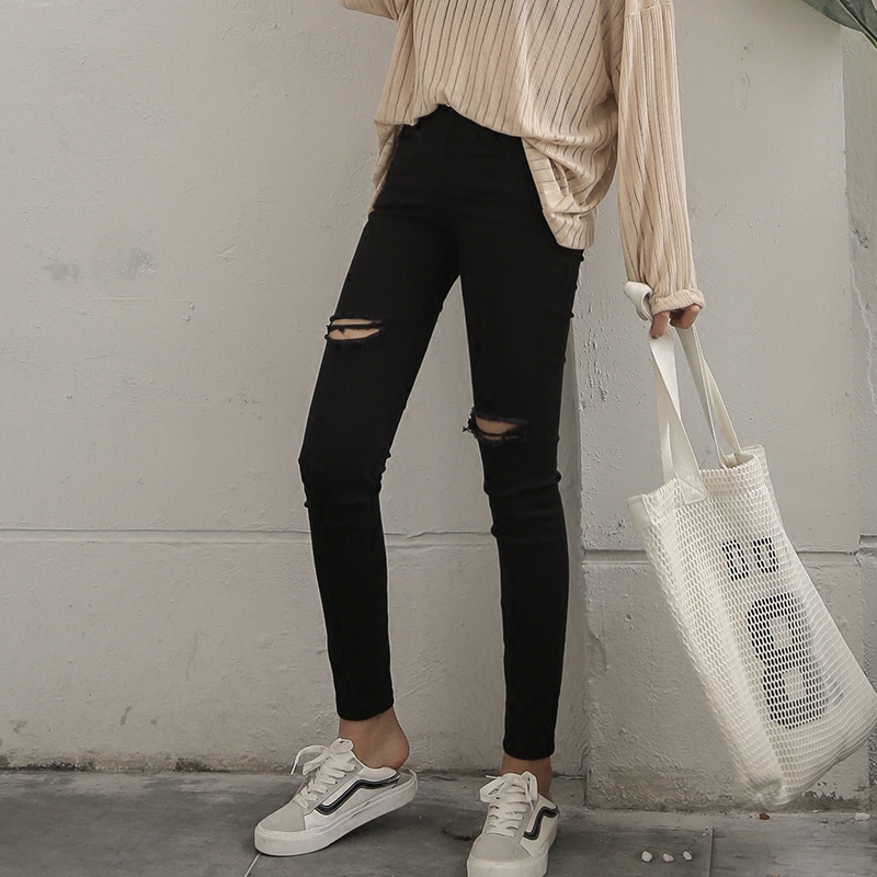 EKOOL弹力高腰小黑裤秋季百搭破洞小脚裤铅笔裤打底裤女外穿长裤