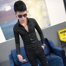 2021 fashion slim trend mens shirt youth Korean version personality rivet long-sleeved shirt Hair stylist nightclub outfit