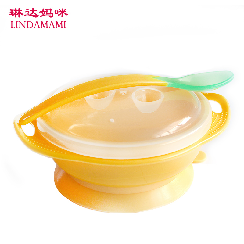 安全食品级PP 吸壁碗 带盖 吸盘碗+感温勺餐具套装感温勺辅食碗