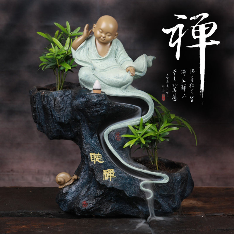 TQJ monk ornament resin small novice creative rockery flowing water fountain home craft gift ornament Chinese living room desktop