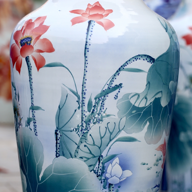 Hand made green lotus lotus hotel porcelain of jingdezhen ceramic floor big vase sitting room adornment is placed
