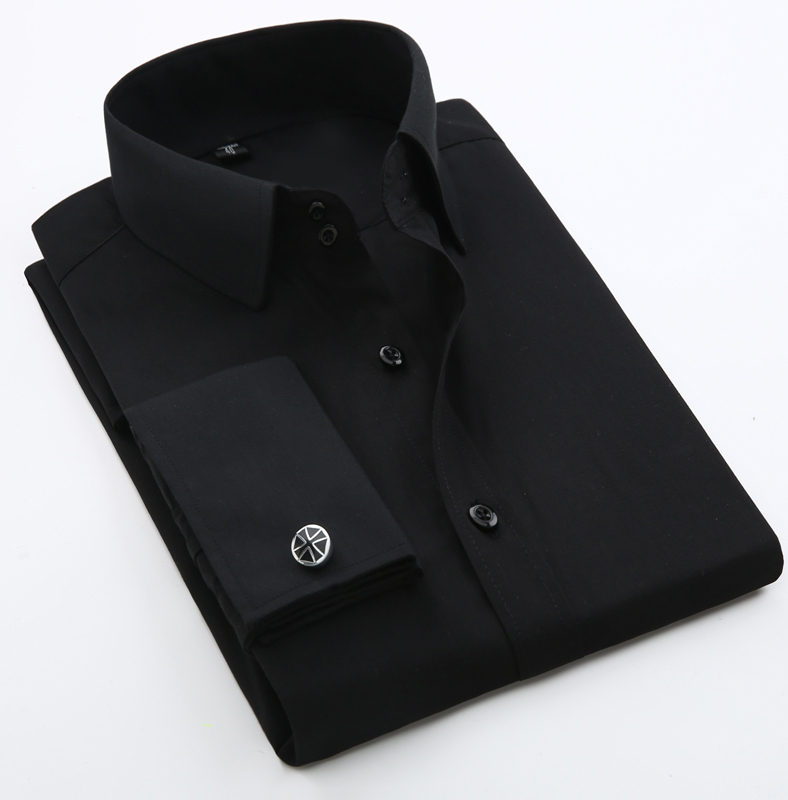 French-Style Men's Long-Sleeve Shirt, Spring Business High-Neck Formal Wear, Wedding Dress, Cufflinks, Slim Fit, Large Size, Black Shirt