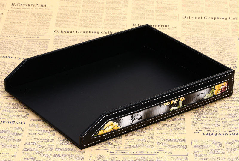 High-grade business leather A4 paper data tray wooden file frame single-layer leather fashion office file storage box rack