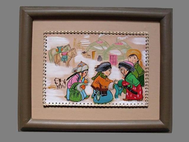 Mongolian craft gifts decoration Mongolian characteristics Mongolian cowskin painting decorative painting leather handmade 34 * 42cm New Year greetings