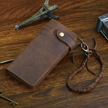 Crazy Horse Leather Trendy Men's Long Genuine Leather Wallet Retro Handmade Chain Motorcycle Cowhide European and American Youth Vertical Wallet