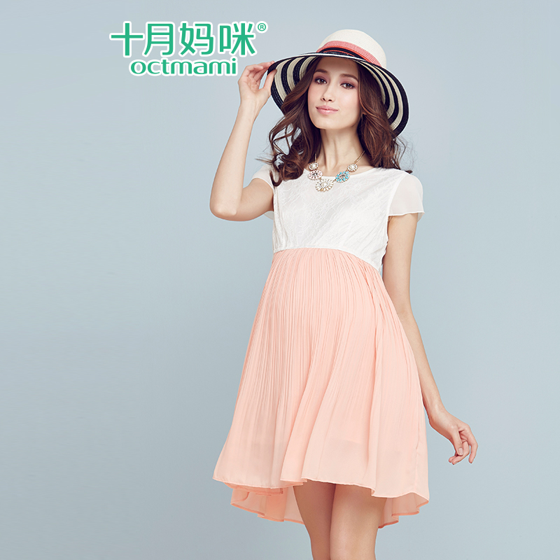 十月妈咪孕妇短袖连衣裙 中长款雪纺裙孕妇夏装 韩版夏季孕妇裙子
