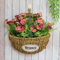 Pastoral straw wall wall hanging decorative flower basket rattan simulation dried flower basket set European creative handmade flower pot