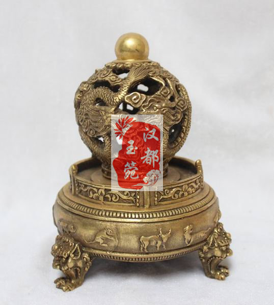 Pure copper incense stove brass incense stove brass to transport the transfer ball 9-to-nine-turn dry Kun tripod 9-turn green dragon tripod