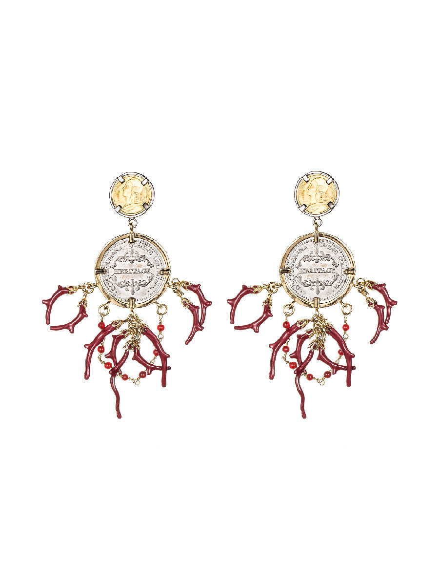 Dolce&Gabbana 深红色拼金色钱币树枝串珠饰耳坠