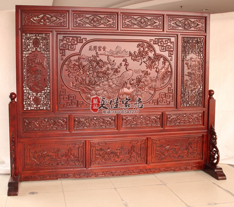 East Yangmu wood carving full solid wood flower open rich and expensive seat screen Classical home office Xuanguan partition insert screen floor screen-Taobao