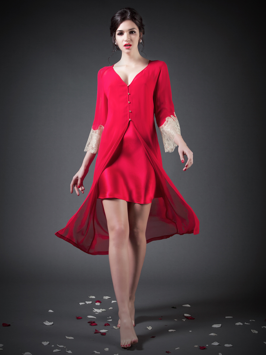 Lucia Berutto 红色蕾丝拼接开襟长款睡衣