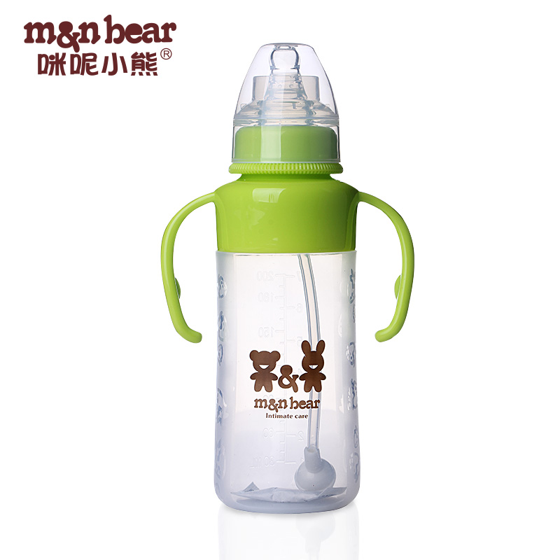 咪呢小熊 宝宝握把标准口径M流量抗摔硅胶奶瓶 吸管奶瓶 200ml