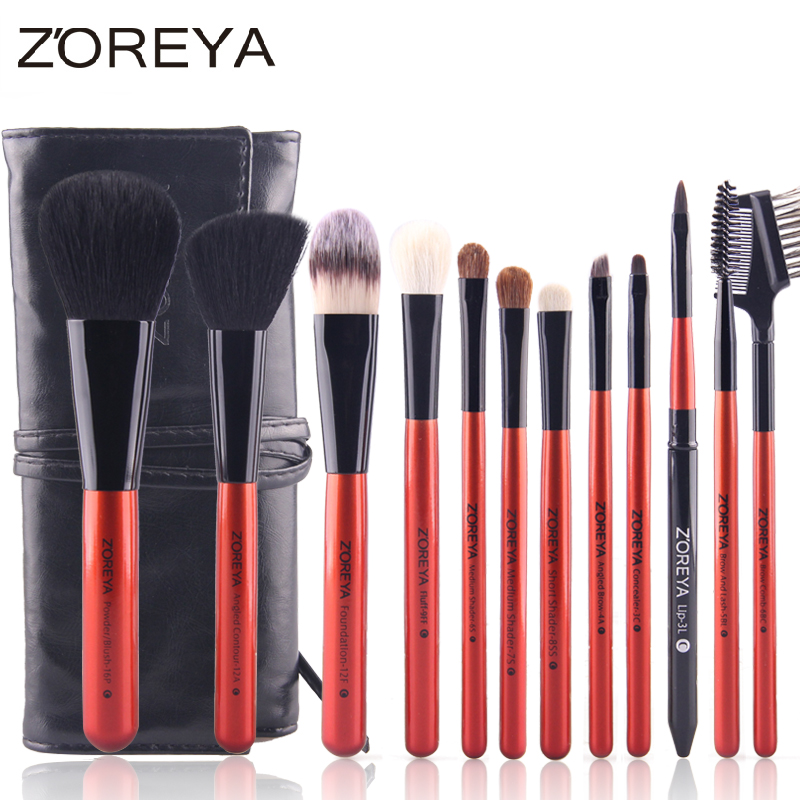 ZOREYA专业12支动物毛化妆刷套装全套粉刷化妆笔袋刷包美妆工具