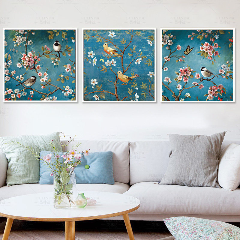 蒙娜丽莎印花十字绣客厅三联画卧室简约现代新款鸟语花香花卉系列