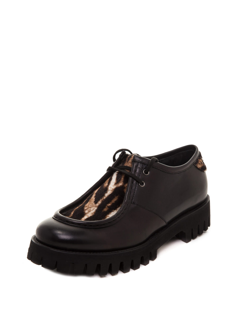 黑色豹纹拼接系带厚底休闲鞋
