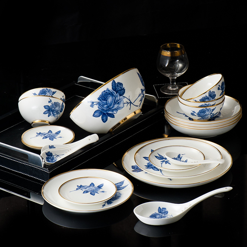 Chinese style household dishes suit jingdezhen porcelain tableware tableware suit 27 skull dishes gold, blue and white porcelain