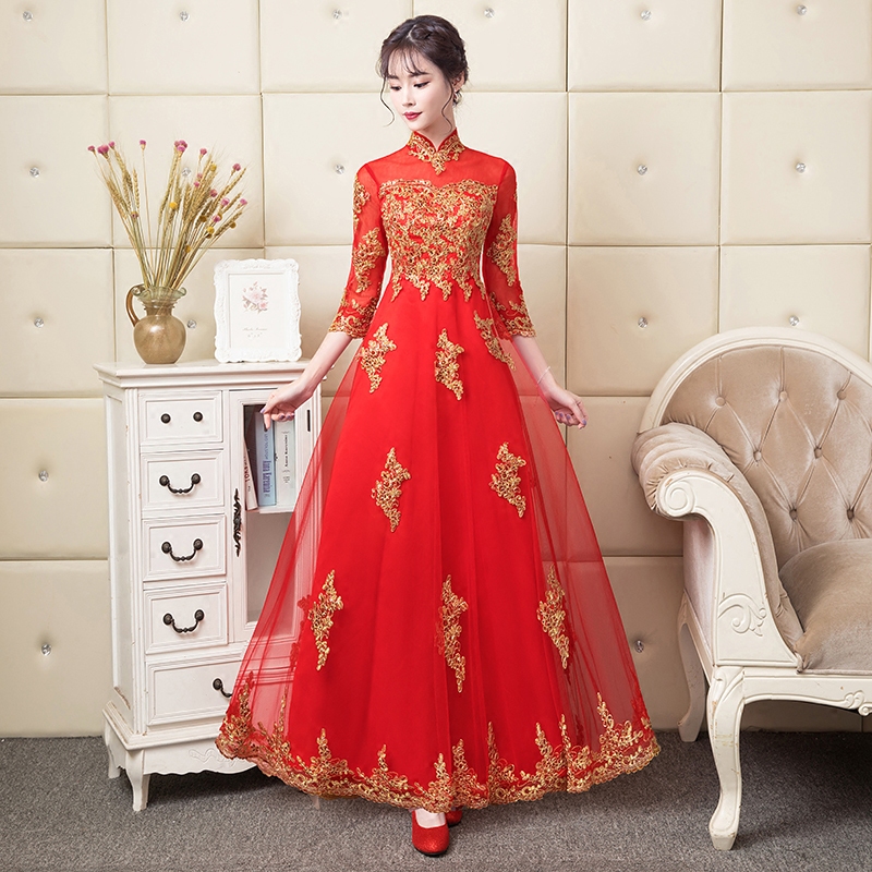 Bride to toast 2021 new wedding gown red evening gown woman pregnant woman Long version of Korean version Lace Dress