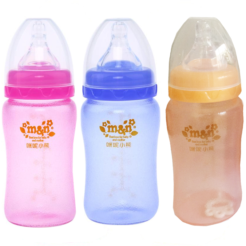 M＆N BEAR/咪呢小熊感温变色防护宽口玻璃奶瓶180ml M6825颜色随
