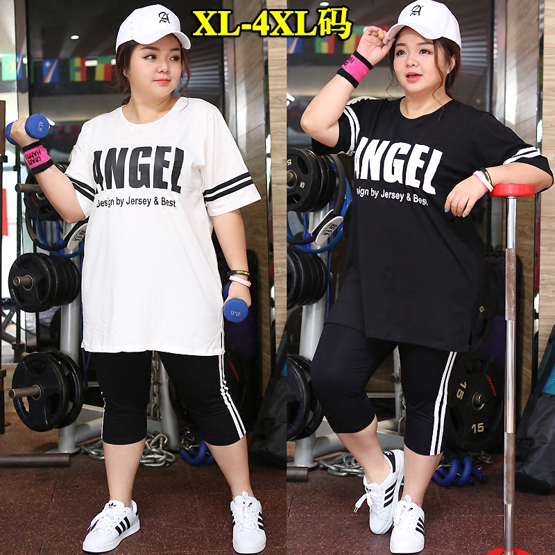 Large size sports suit female summer dress plus large number seven shorts and loose short sleeve and thin leisure two pieces