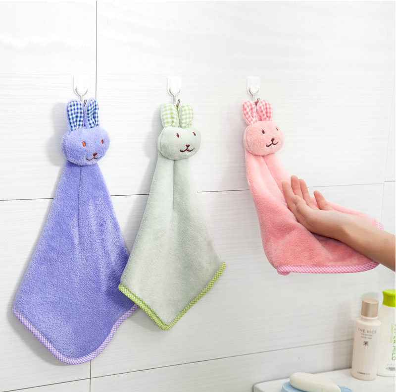 Cute rabbit head coral velvet hand towel Absorbs water, does not lose hair, does not stick to oil, dishcloth, dishcloth, hanging cleaning cloth