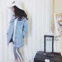 ins explosive spring new male and female baby Korean long coat childrens hole light colored denim coat