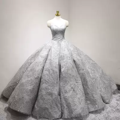 2021 New Bride wedding dress slim silver gray court tailing ceremony gauze waist princess dream wedding dress