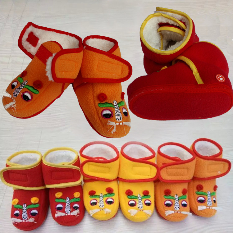 Autumn and winter men and women baby full moon 100 days tiger head shoes cotton boots baby children Tang suit cloth shoes toddler cotton shoes short boots