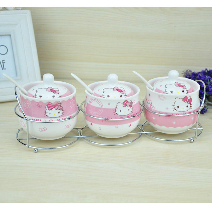 hello kittyHello cartoon creative ceramic seasoning pot set three-piece set with iron rack spoon kitchen supplies