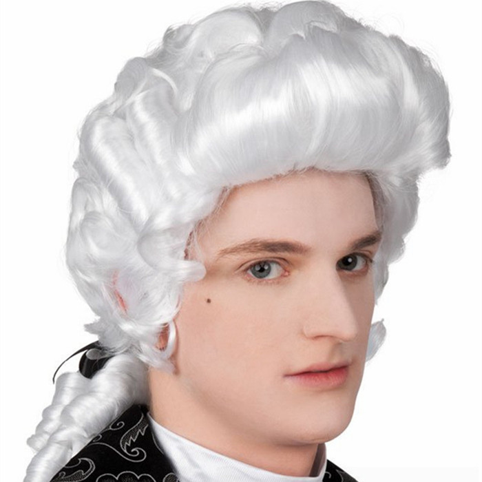 cosplay Masquerade Male Baroque Long Roll Silver White Wig Colonial Men's Wig