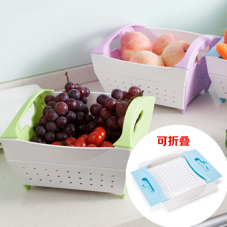 厨房可折叠水果沥水篮 果蔬收纳篮 塑料置物沥水篮洗菜筛碗架
