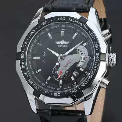 WINNER three-pin automatic metal wind racing hollow three false eyes with calendar mechanical belt watch D145
