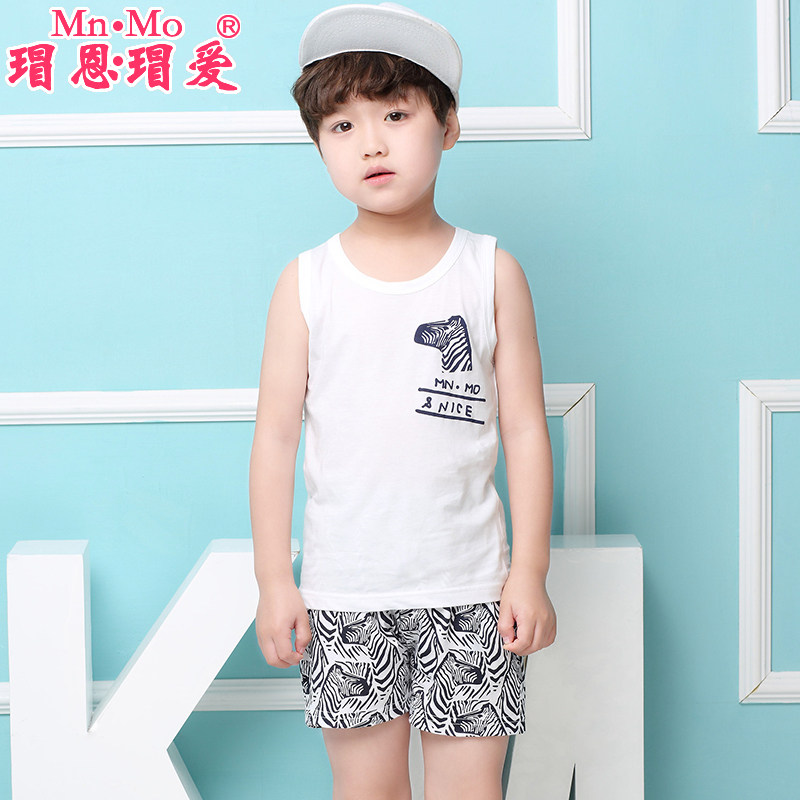 瑁恩瑁爱16夏季新款中大童全棉男童无袖打底背心套装男孩纯棉睡衣