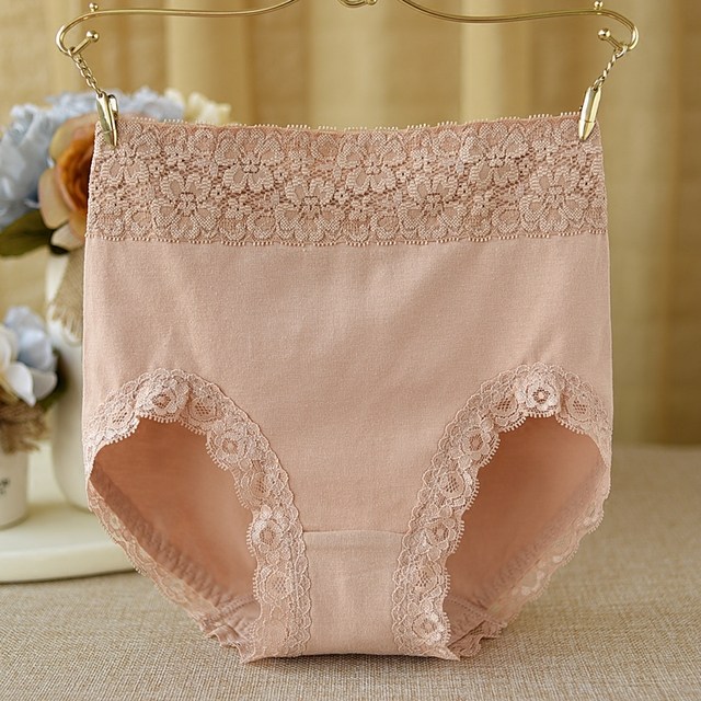 High-waist pure cotton women's underwear, women's comfortable cotton fabric tummy control, seamless lace edge, large size comfortable briefs